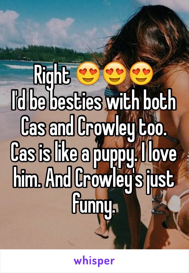 Right 😍😍😍
I'd be besties with both Cas and Crowley too.
Cas is like a puppy. I love him. And Crowley's just funny.