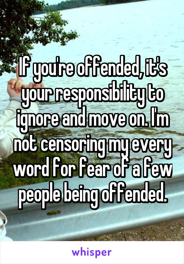 If you're offended, it's your responsibility to ignore and move on. I'm not censoring my every word for fear of a few people being offended.