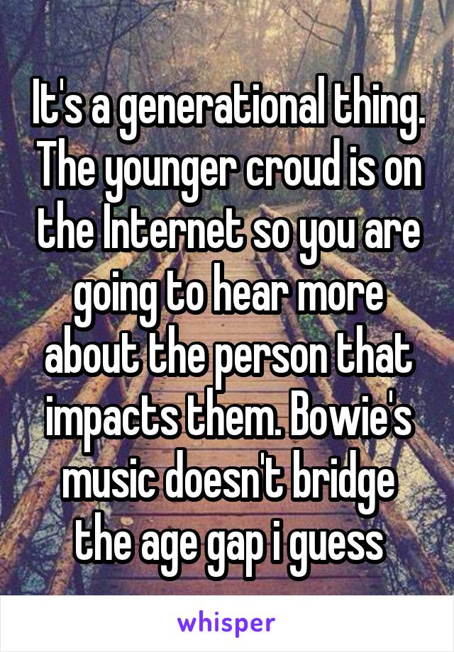 It's a generational thing. The younger croud is on the Internet so you are going to hear more about the person that impacts them. Bowie's music doesn't bridge the age gap i guess