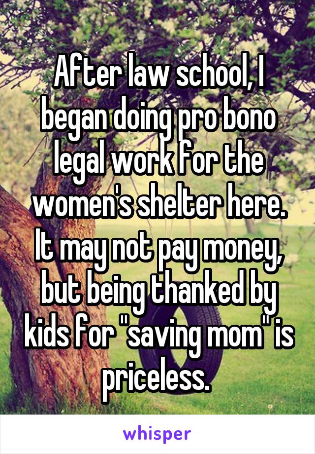 After law school, I began doing pro bono legal work for the women's shelter here. It may not pay money, but being thanked by kids for "saving mom" is priceless. 