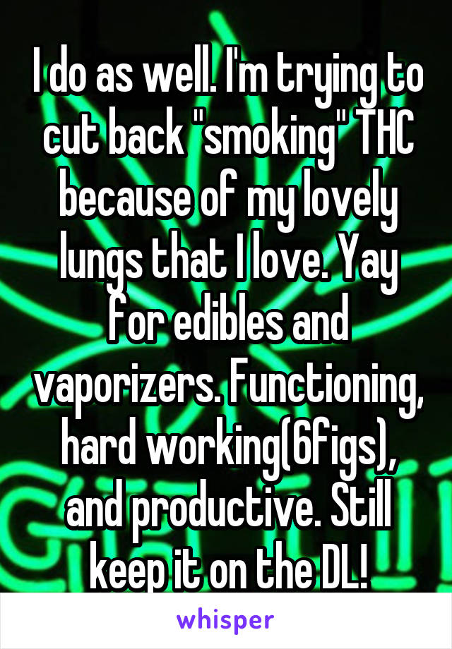 I do as well. I'm trying to cut back "smoking" THC because of my lovely lungs that I love. Yay for edibles and vaporizers. Functioning, hard working(6figs), and productive. Still keep it on the DL!