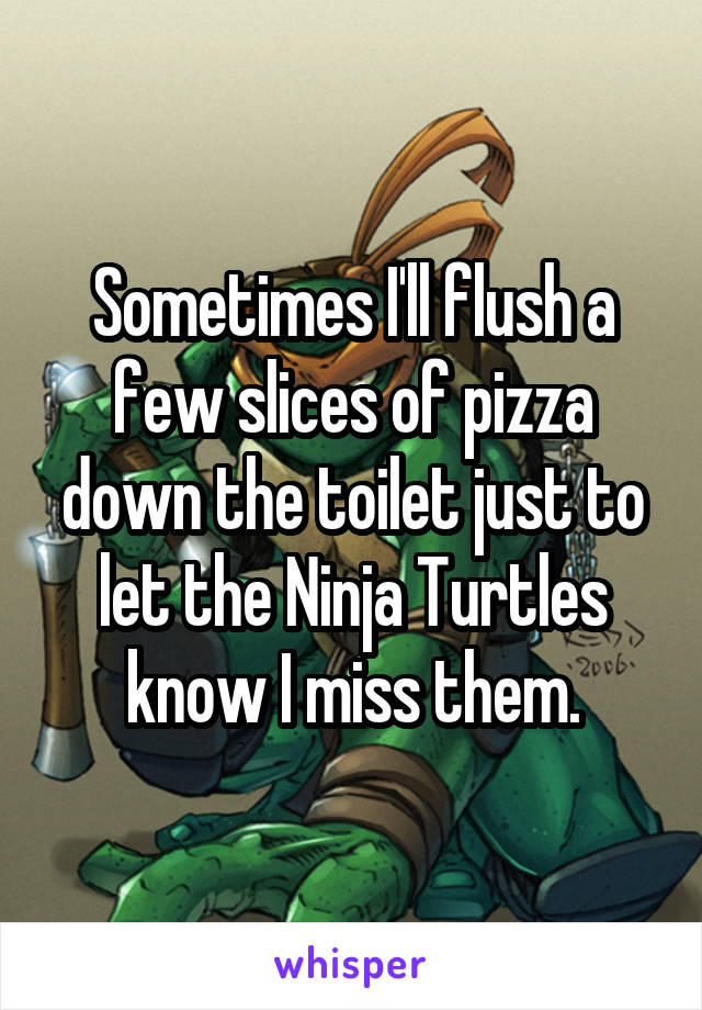 Sometimes I'll flush a few slices of pizza down the toilet just to let the Ninja Turtles know I miss them.