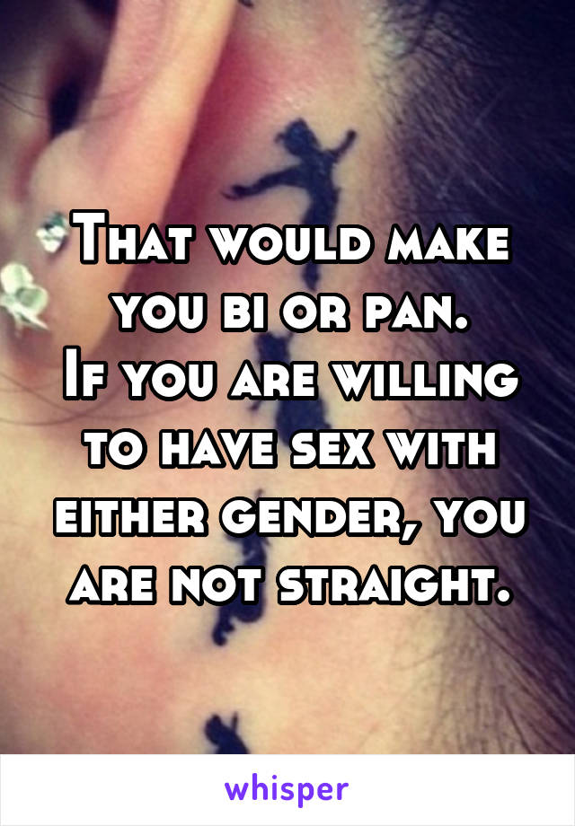 That would make you bi or pan.
If you are willing to have sex with either gender, you are not straight.