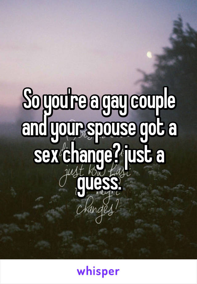 So you're a gay couple and your spouse got a sex change? just a guess.