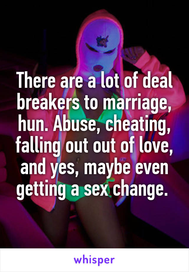 There are a lot of deal breakers to marriage, hun. Abuse, cheating, falling out out of love, and yes, maybe even getting a sex change. 