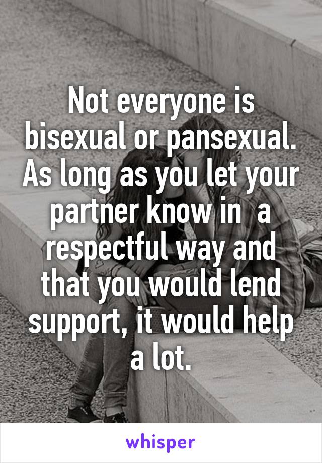 Not everyone is bisexual or pansexual. As long as you let your partner know in  a respectful way and that you would lend support, it would help a lot.