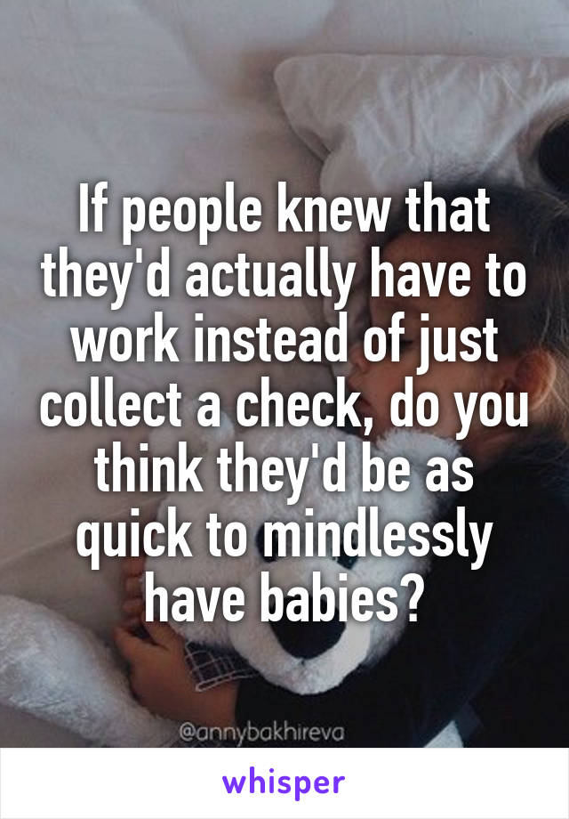 If people knew that they'd actually have to work instead of just collect a check, do you think they'd be as quick to mindlessly have babies?