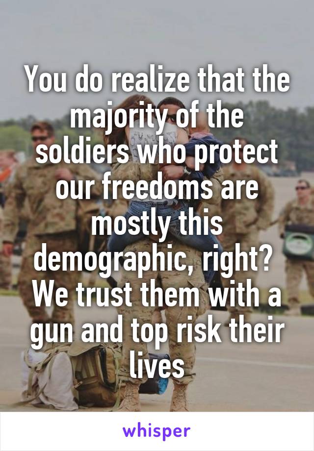 You do realize that the majority of the soldiers who protect our freedoms are mostly this demographic, right?  We trust them with a gun and top risk their lives