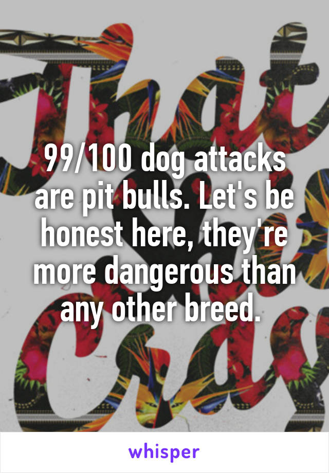 99/100 dog attacks are pit bulls. Let's be honest here, they're more dangerous than any other breed. 