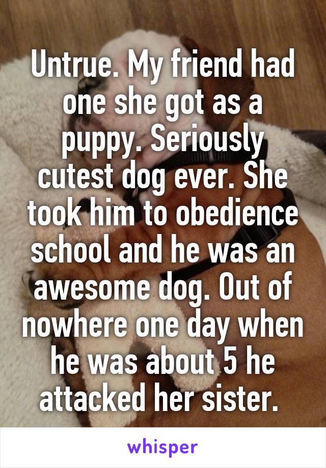 Untrue. My friend had one she got as a puppy. Seriously cutest dog ever. She took him to obedience school and he was an awesome dog. Out of nowhere one day when he was about 5 he attacked her sister. 