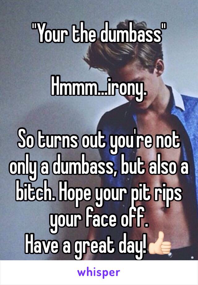 "Your the dumbass" 

Hmmm...irony. 

So turns out you're not only a dumbass, but also a bitch. Hope your pit rips your face off. 
Have a great day!👍🏻