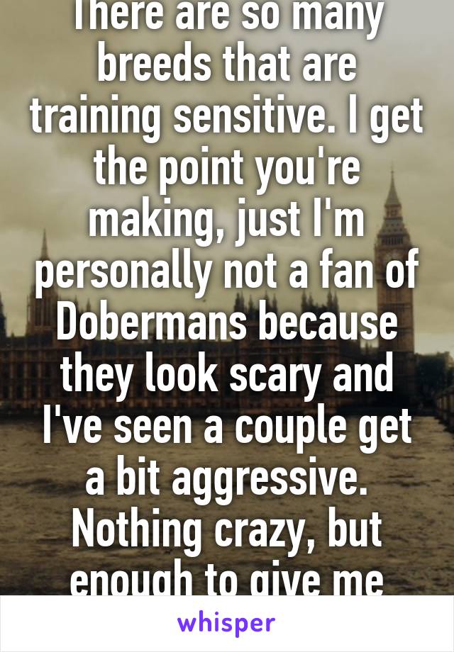 There are so many breeds that are training sensitive. I get the point you're making, just I'm personally not a fan of Dobermans because they look scary and I've seen a couple get a bit aggressive. Nothing crazy, but enough to give me pause  