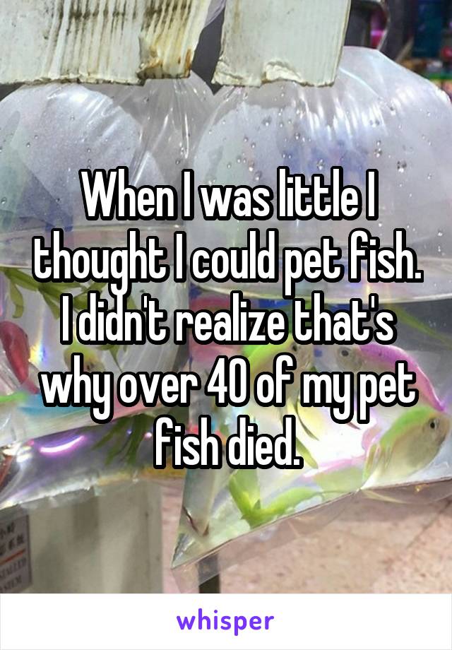 When I was little I thought I could pet fish. I didn't realize that's why over 40 of my pet fish died.