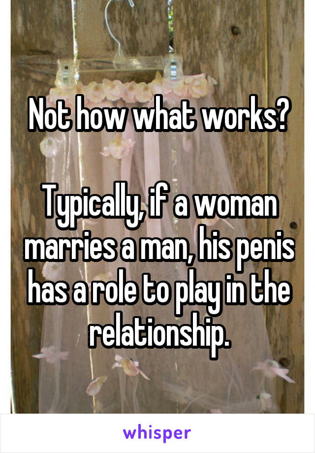 Not how what works?

Typically, if a woman marries a man, his penis has a role to play in the relationship.