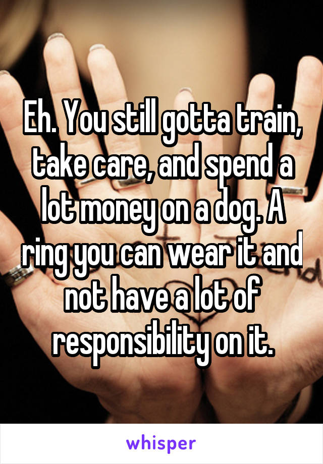 Eh. You still gotta train, take care, and spend a lot money on a dog. A ring you can wear it and not have a lot of responsibility on it.