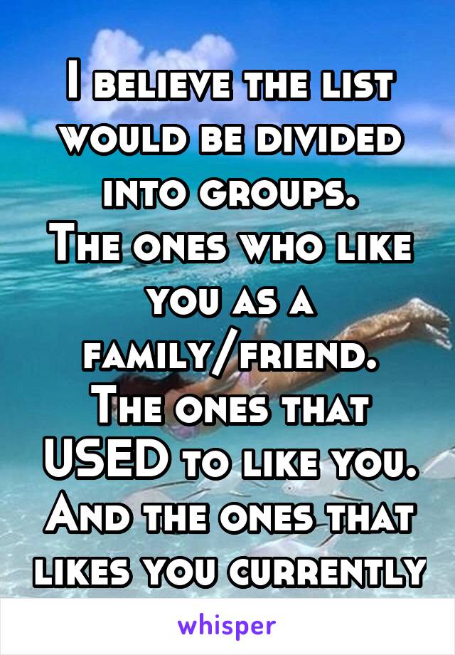 I believe the list would be divided into groups.
The ones who like you as a family/friend.
The ones that USED to like you.
And the ones that likes you currently