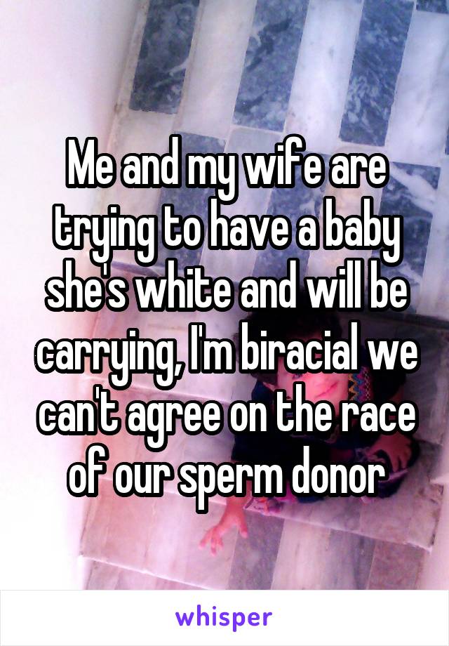 Me and my wife are trying to have a baby she's white and will be carrying, I'm biracial we can't agree on the race of our sperm donor