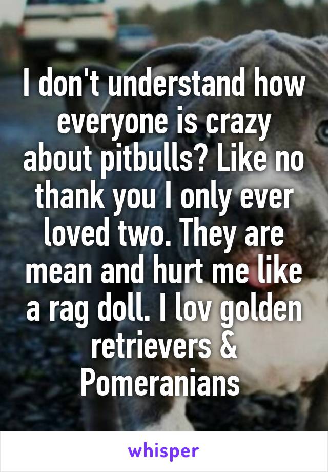 I don't understand how everyone is crazy about pitbulls? Like no thank you I only ever loved two. They are mean and hurt me like a rag doll. I lov golden retrievers & Pomeranians 