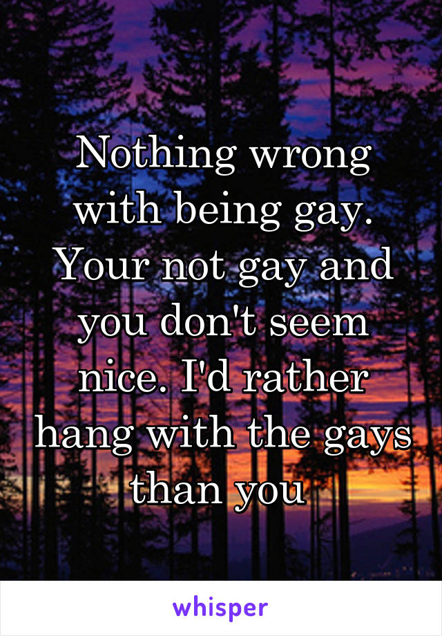 Nothing wrong with being gay. Your not gay and you don't seem nice. I'd rather hang with the gays than you 