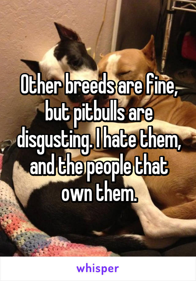 Other breeds are fine, but pitbulls are disgusting. I hate them, and the people that own them.