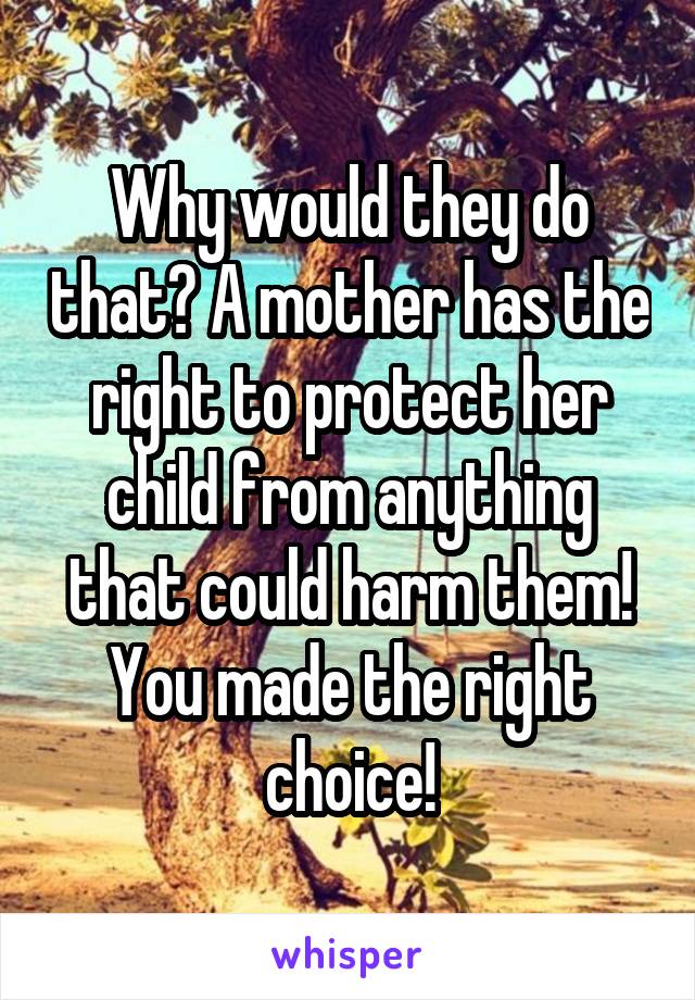 Why would they do that? A mother has the right to protect her child from anything that could harm them! You made the right choice!