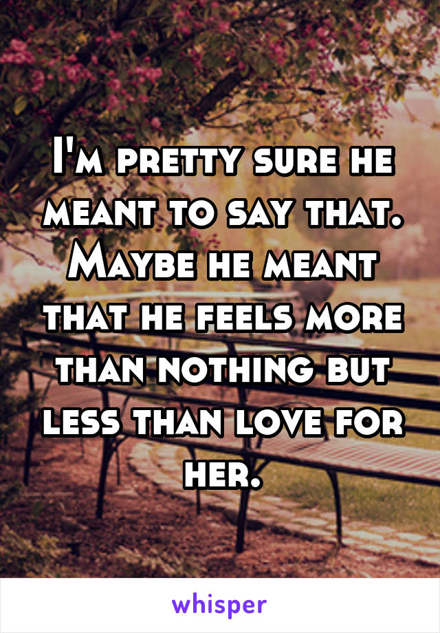 I'm pretty sure he meant to say that. Maybe he meant that he feels more than nothing but less than love for her.
