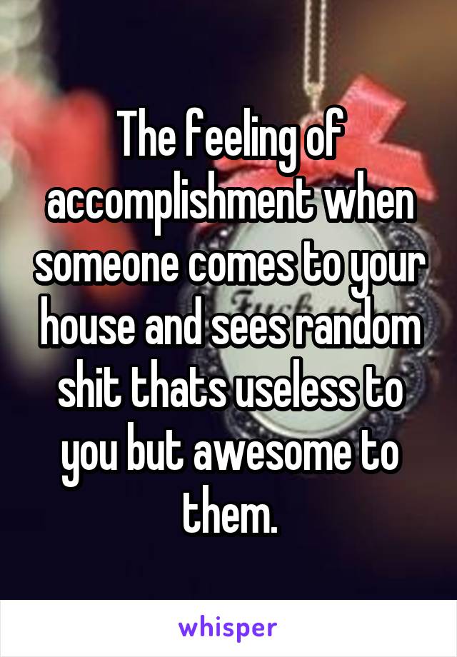 The feeling of accomplishment when someone comes to your house and sees random shit thats useless to you but awesome to them.