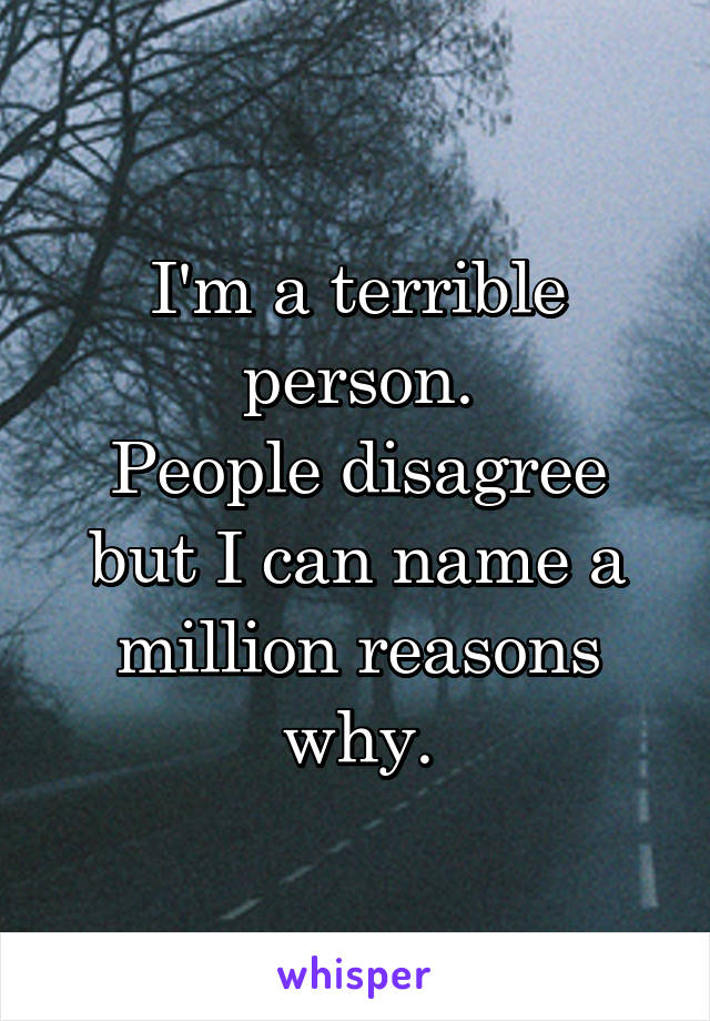 I'm a terrible person.
People disagree but I can name a million reasons why.