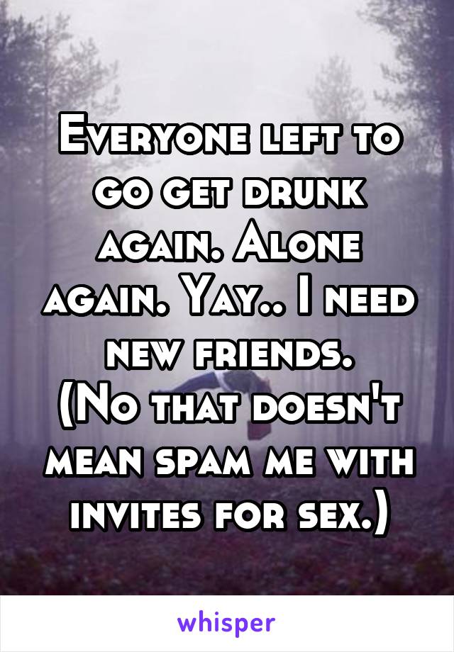 Everyone left to go get drunk again. Alone again. Yay.. I need new friends.
(No that doesn't mean spam me with invites for sex.)