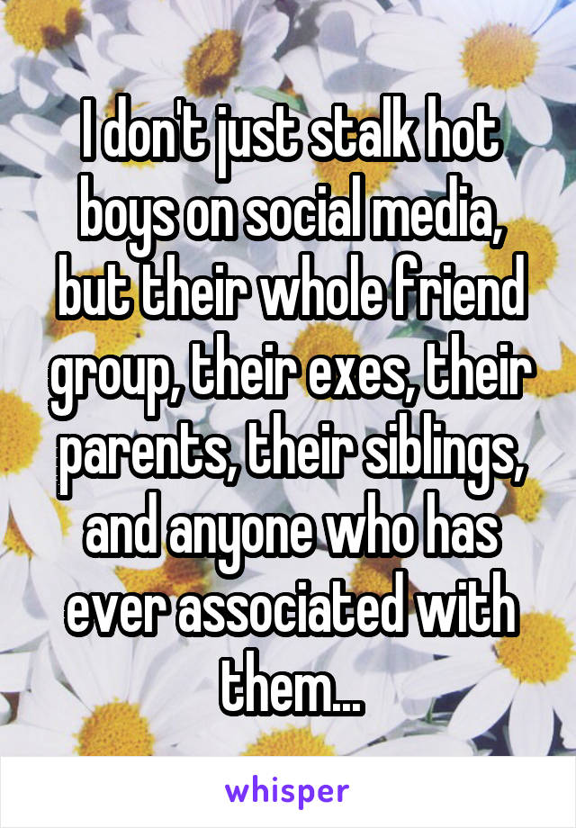 I don't just stalk hot boys on social media, but their whole friend group, their exes, their parents, their siblings, and anyone who has ever associated with them...