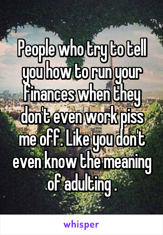 People who try to tell you how to run your finances when they don't even work piss me off. Like you don't even know the meaning of adulting .