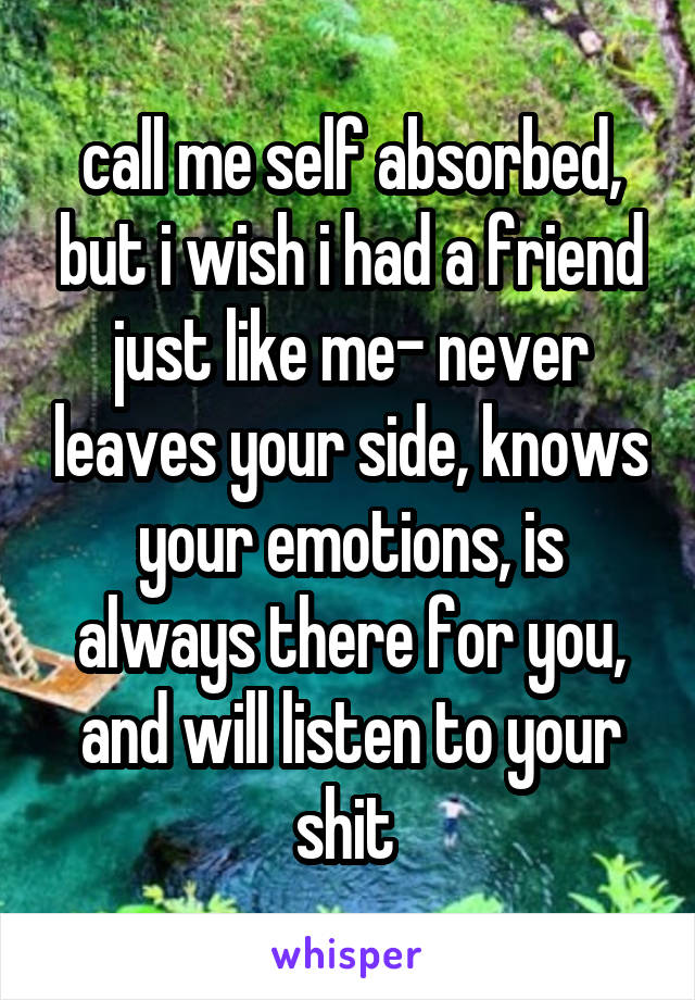 call me self absorbed, but i wish i had a friend just like me- never leaves your side, knows your emotions, is always there for you, and will listen to your shit 