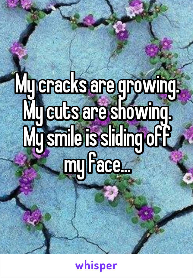 My cracks are growing.
My cuts are showing.
My smile is sliding off my face...
