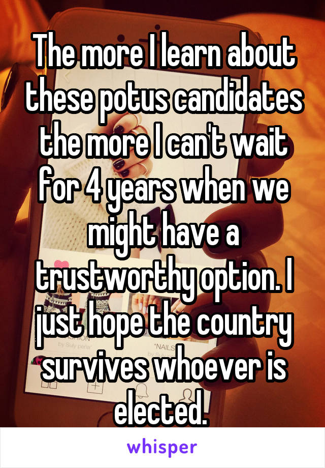 The more I learn about these potus candidates the more I can't wait for 4 years when we might have a trustworthy option. I just hope the country survives whoever is elected. 