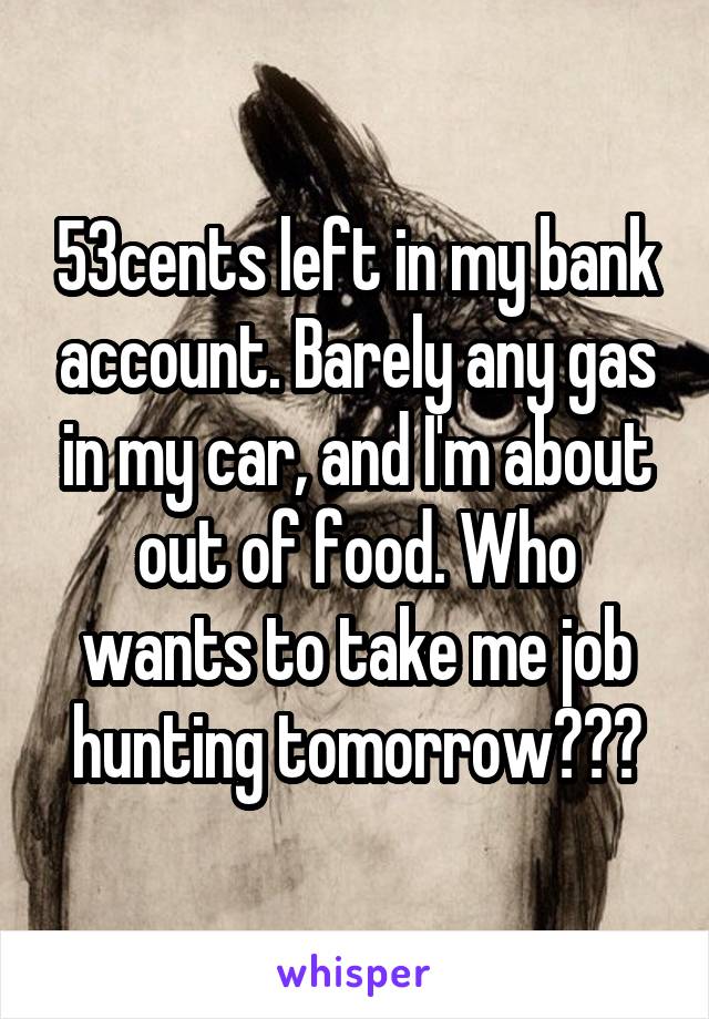 53cents left in my bank account. Barely any gas in my car, and I'm about out of food. Who wants to take me job hunting tomorrow???