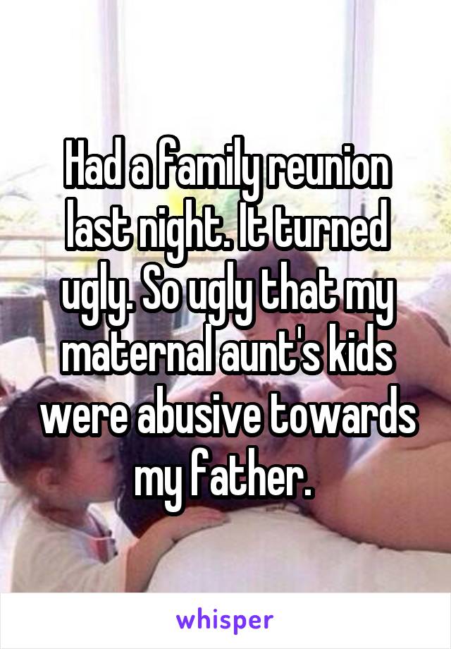 Had a family reunion last night. It turned ugly. So ugly that my maternal aunt's kids were abusive towards my father. 