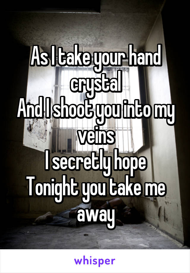 As I take your hand crystal
And I shoot you into my veins
I secretly hope
Tonight you take me away