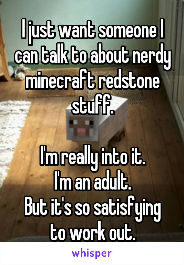 I just want someone I can talk to about nerdy minecraft redstone stuff.

I'm really into it.
I'm an adult.
But it's so satisfying to work out.