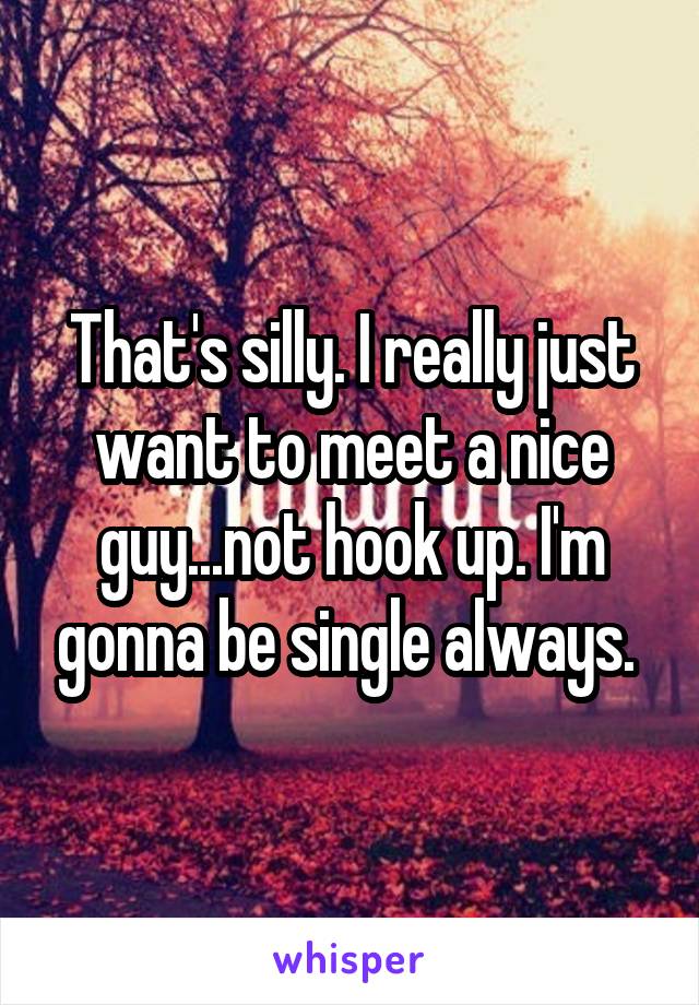 That's silly. I really just want to meet a nice guy...not hook up. I'm gonna be single always. 