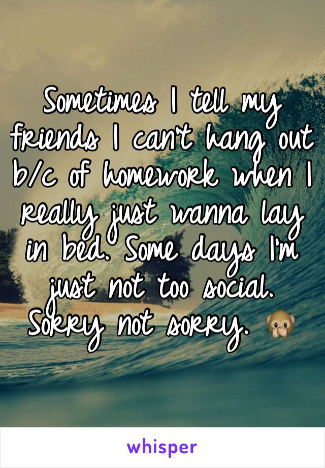 Sometimes I tell my friends I can't hang out b/c of homework when I really just wanna lay in bed. Some days I'm just not too social. Sorry not sorry. 🙊