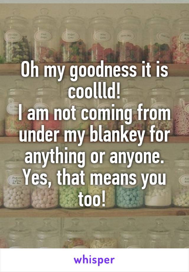 Oh my goodness it is coollld!
I am not coming from under my blankey for anything or anyone.
Yes, that means you too! 