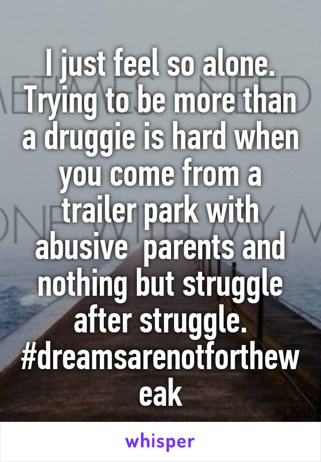 I just feel so alone. Trying to be more than a druggie is hard when you come from a trailer park with abusive  parents and nothing but struggle after struggle. #dreamsarenotfortheweak