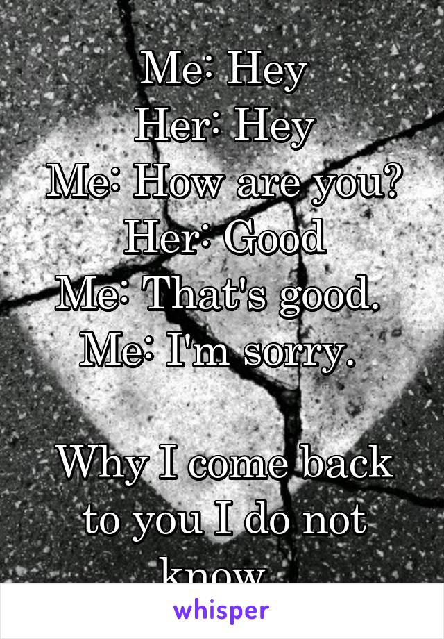 Me: Hey
Her: Hey
Me: How are you?
Her: Good
Me: That's good. 
Me: I'm sorry. 

Why I come back to you I do not know. 