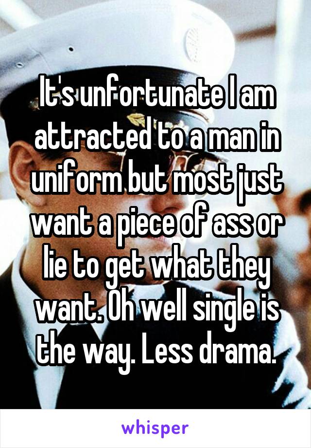 It's unfortunate I am attracted to a man in uniform but most just want a piece of ass or lie to get what they want. Oh well single is the way. Less drama.