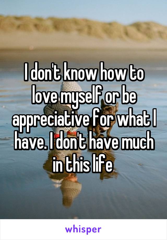 I don't know how to love myself or be appreciative for what I have. I don't have much in this life 