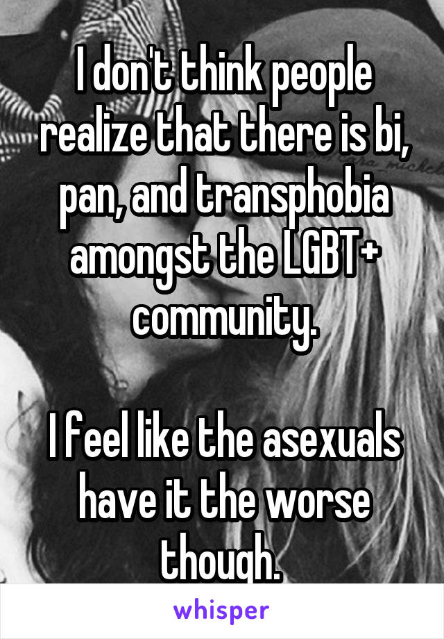 I don't think people realize that there is bi, pan, and transphobia amongst the LGBT+ community.

I feel like the asexuals have it the worse though. 