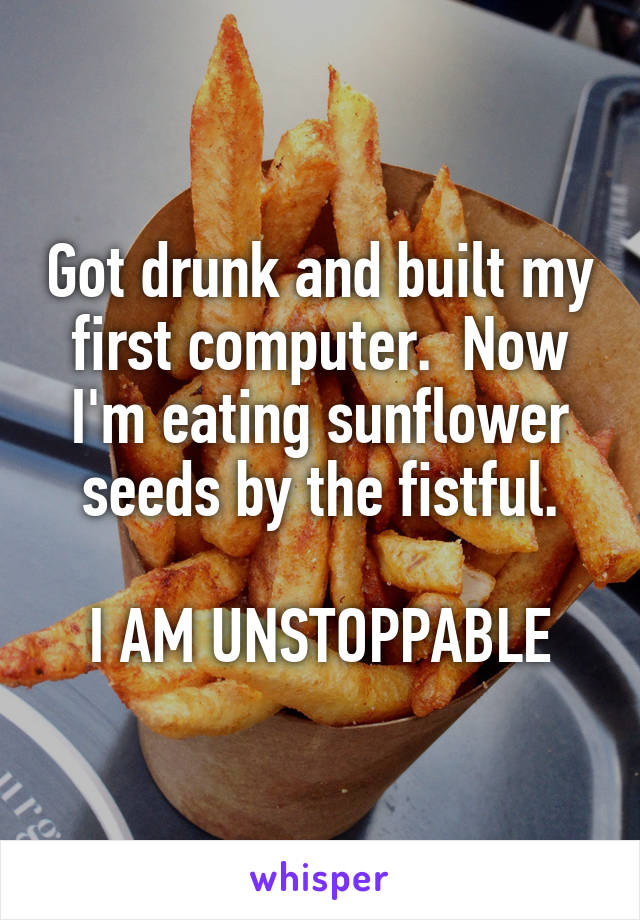 Got drunk and built my first computer.  Now I'm eating sunflower seeds by the fistful.

I AM UNSTOPPABLE