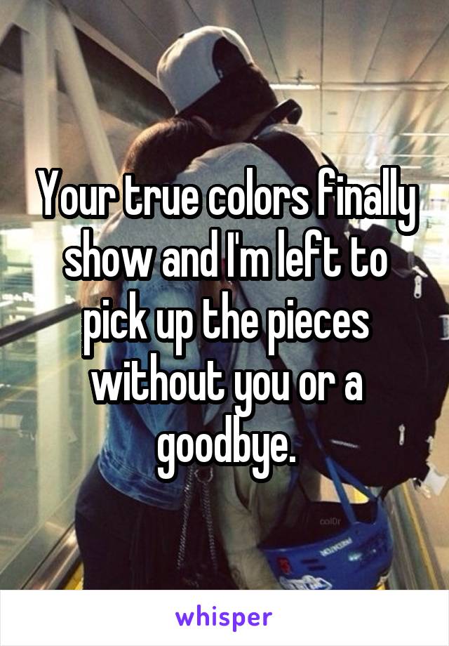 Your true colors finally show and I'm left to pick up the pieces without you or a goodbye.