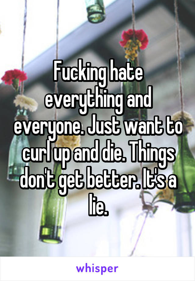 Fucking hate everything and everyone. Just want to curl up and die. Things don't get better. It's a lie.