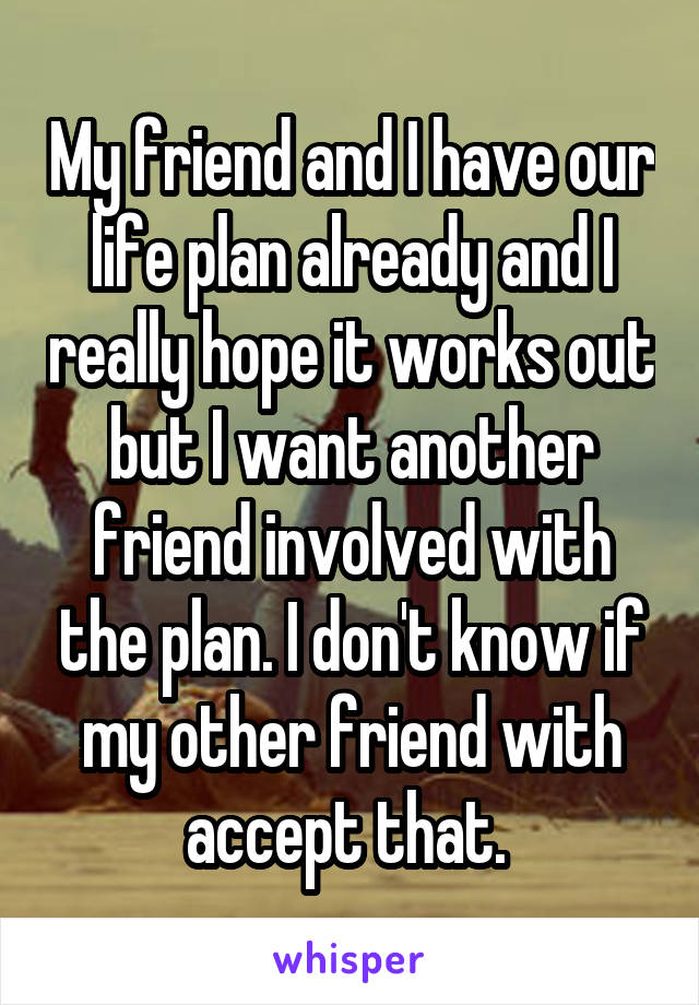 My friend and I have our life plan already and I really hope it works out but I want another friend involved with the plan. I don't know if my other friend with accept that. 